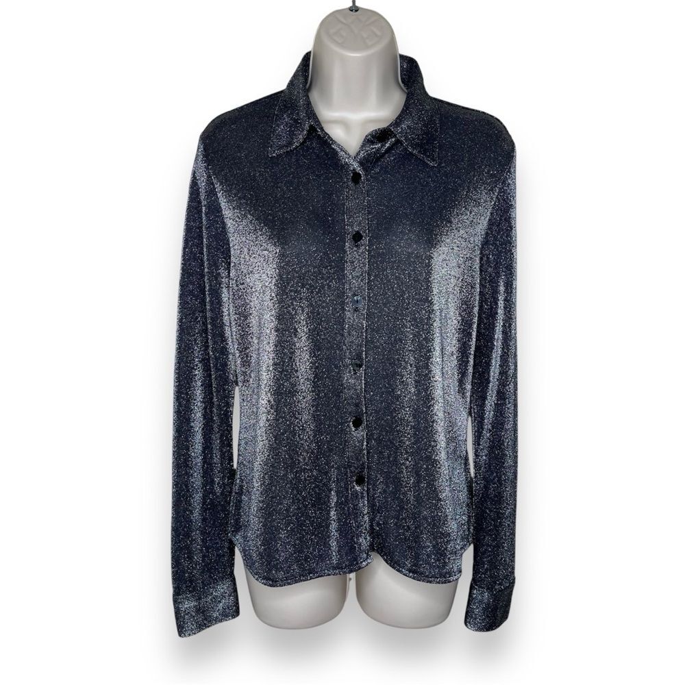 Vintage Casual Corner Metallic Shimmery Long Sleeve Button Up Shirt Women Large